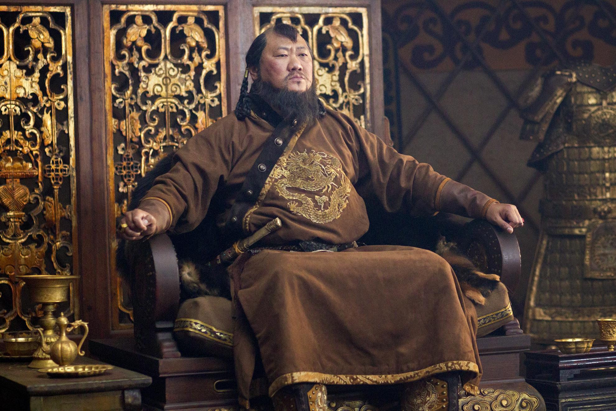A still of Kublai Khan on his throne, from Marco Polo